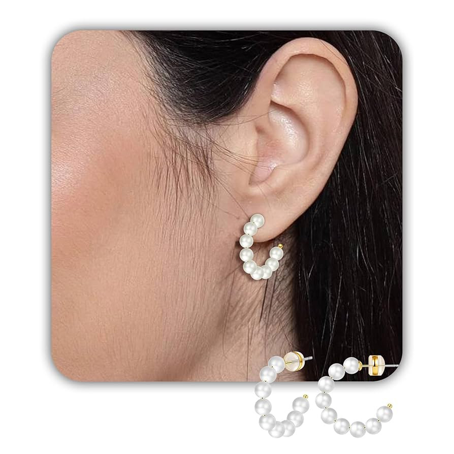 Amazon.com: Sereney Pearl Earrings for Women with 14K Gold Sterling Silver 20mm Fashion Open Circ... | Amazon (US)