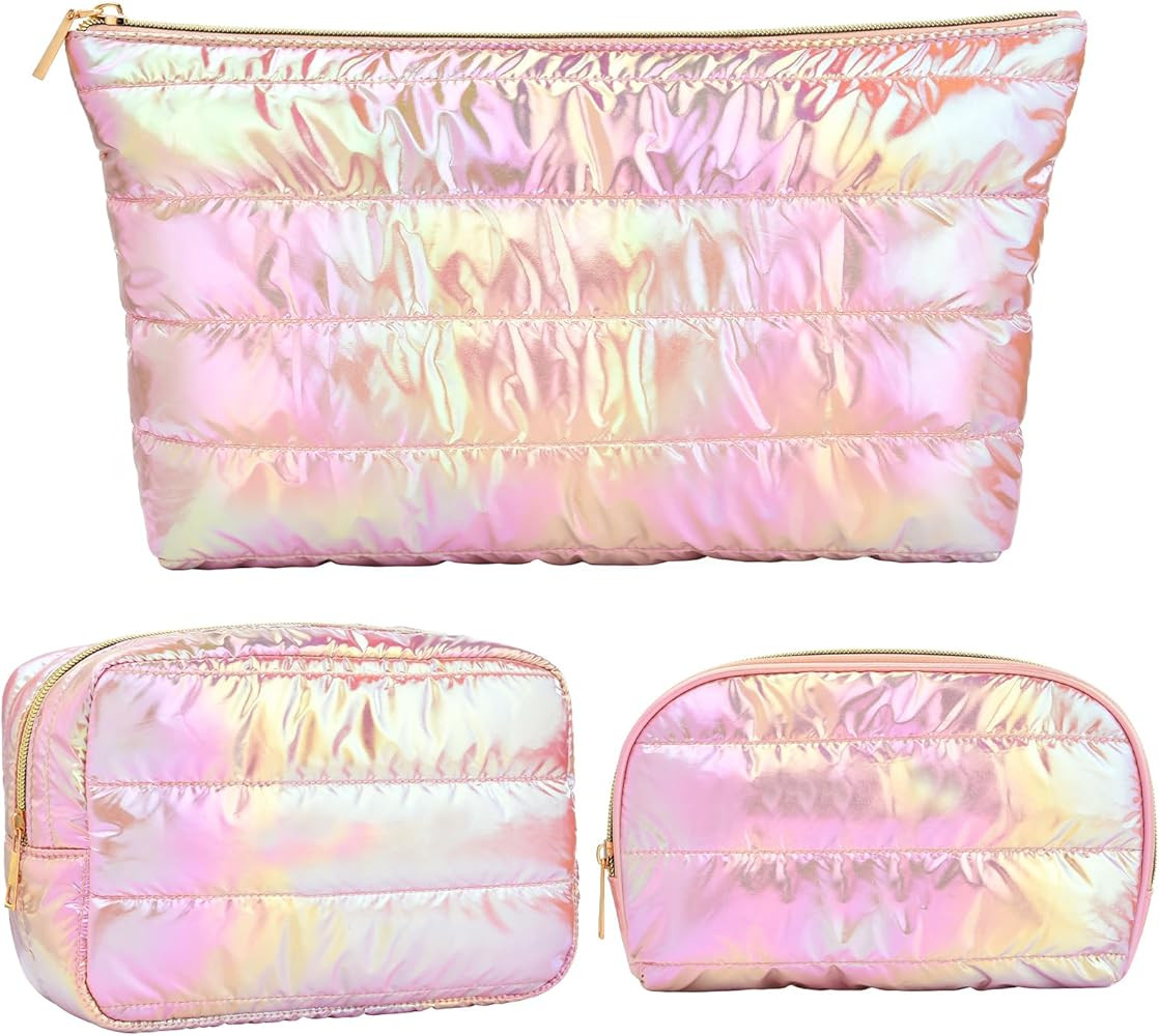 Hiroyuki 3pcs Large Quilted Makeup Bag, Extra Large Iridescent Puffer Cosmetic Bag, Large Capacit... | Amazon (US)