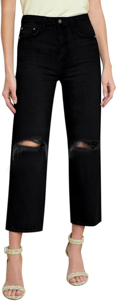 Straight Leg Jeans for Women Cropped High Waisted Stretchy Frayed Hem Raw Jean Loose Wide Leg Bag... | Amazon (US)