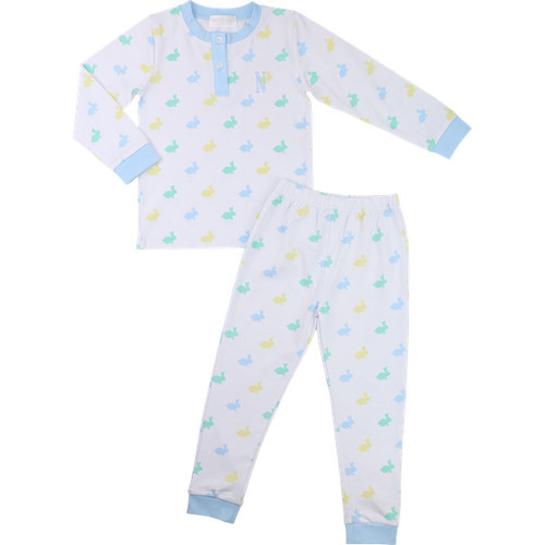 Blue Trim Pastel Bunny Print Knit Pajamas | Cecil and Lou