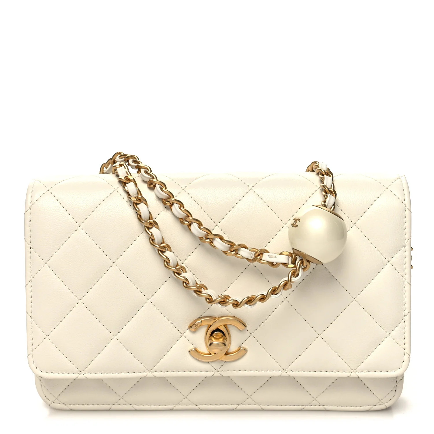 Lambskin Quilted CC Pearl Crush Wallet on Chain WOC White | FASHIONPHILE (US)