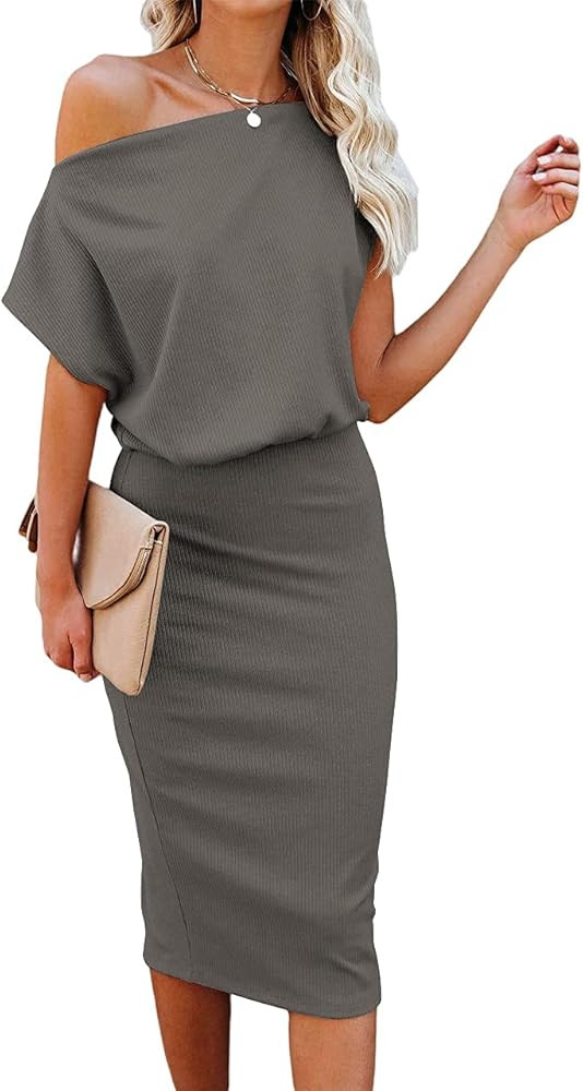 Ezbelle Women's Off The Shoulder Short Sleeve Ribbed Casual Party Bodycon Midi Dress | Amazon (US)