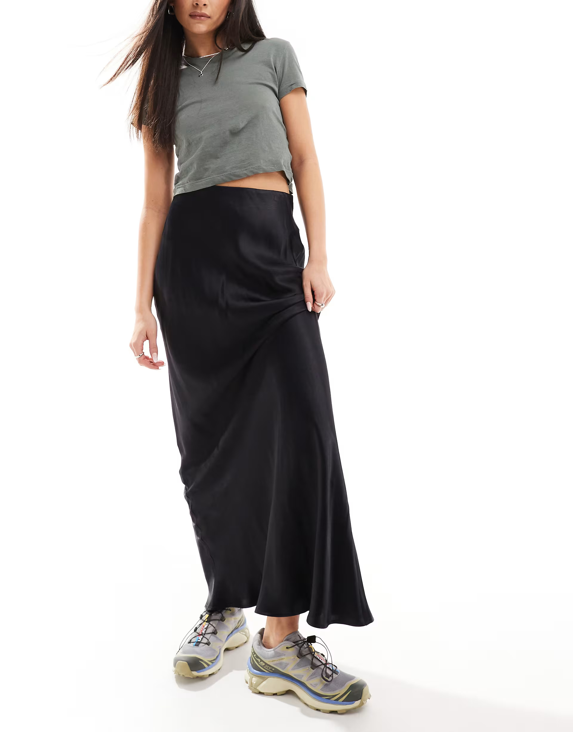Stradivarius satin maxi skirt in black | ASOS (Global)