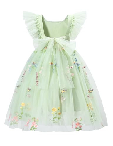 Tutu.kk Little Girls Vintage Party Dress Ruffle Sleeve A-Line Tulle Flower Girl Dresses for Wedding,Birthday Embroidered Green 6-7 Years | Amazon (US)