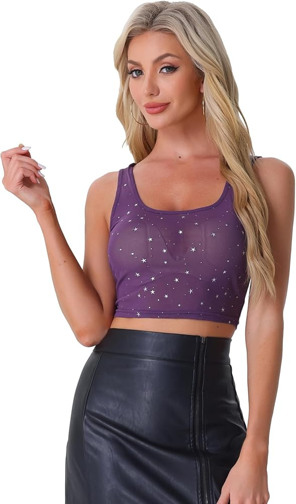 Allegra K Sheer Mesh Top for Women's Party Club Sleeveless Scoop Neck Glitter Star Crop Tops | Amazon (US)