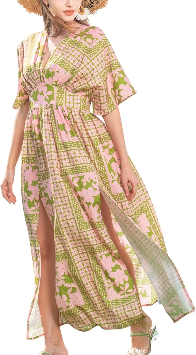 Womens V Neck Flutter Sleeve Boho Midi Dress Summer Wedding Guest Beach Party Long Dresses | Amazon (US)