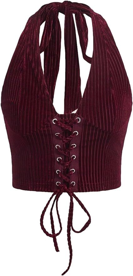 Verdusa Women's Sleeveless Halter Neck Lace Up Front Tie Back Crop Top | Amazon (US)