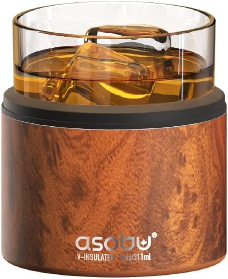 asobu Whiskey Glass with Insulated Stainless Steel Sleeve, 12 ounces (Natural Wood) | Amazon (US)