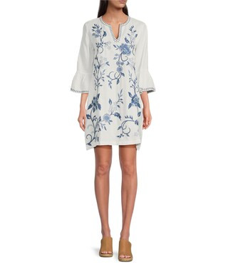 Embroidered Linen Split V-Neck 3/4 Ruffle Sleeve Dress | Dillard's