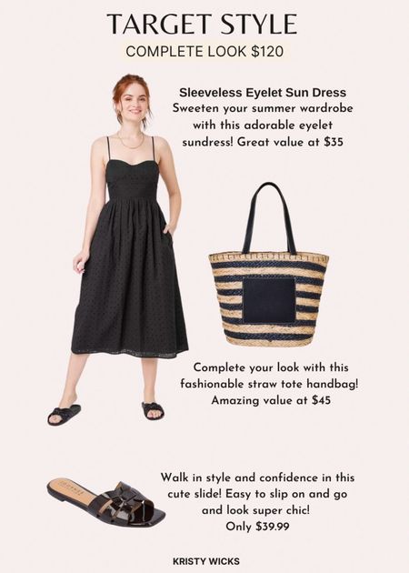Step out in style with this complete look for only $120! 👏 The sleeveless eyelet dress (comes in 3 colors) for only $35! 💃🏼
Complete this chic look with the black striped tote for $45 and the fashionable slip on slides for $39.99! 🙌 
Love this look and Target’s great value! 🖤

#LTKunder50 #LTKstyletip #LTKunder100