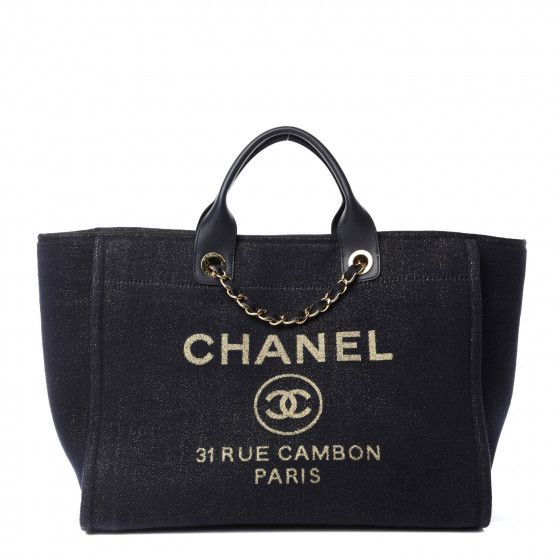 CHANEL Lurex Canvas Large Deauville Tote Navy Blue Gold | Fashionphile