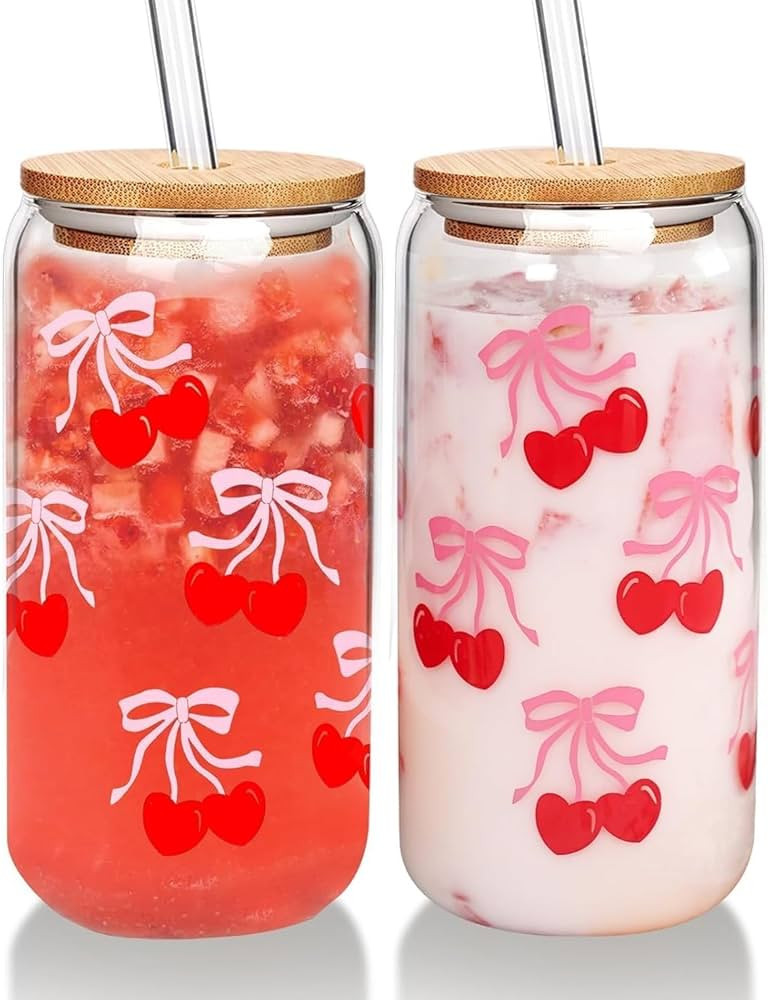 Cherries Bows Glass Cups with Lids and Straws, 18OZ Cherry Decor Iced Coffee Cups with Lids, Cute... | Amazon (US)