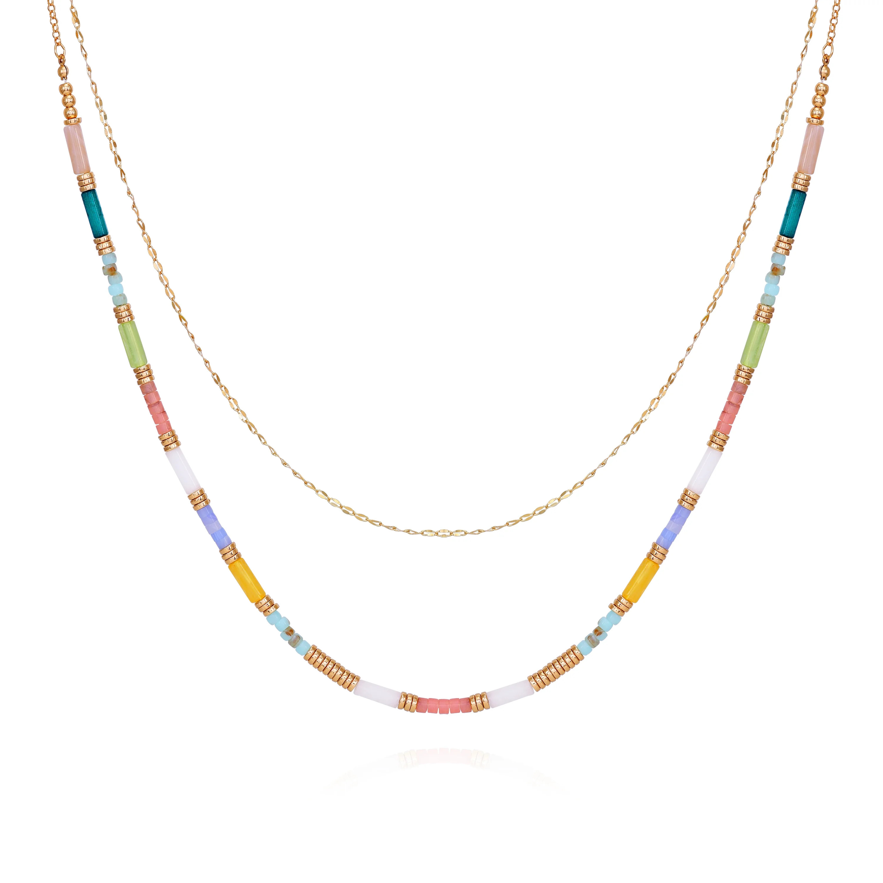 Time and Tru Women's Gold Tone Double Layer Multi Color Beaded Station Necklace - Walmart.com | Walmart (US)
