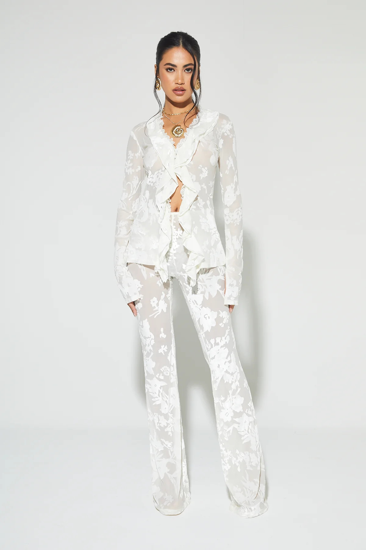 LIA Cream Flocked Flared Pants | Noughts and Kisses