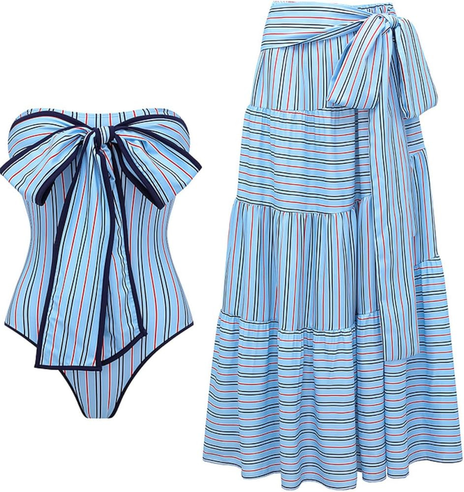 FLAXMAKER Women's One Piece Multi-Way Striped Lace Up Bow Tie One Piece Swimsuit and Skirt | Amazon (US)