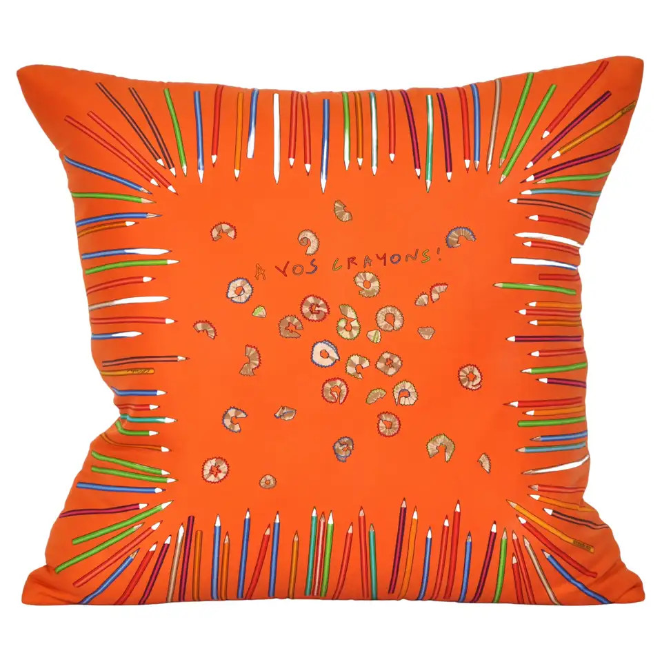 Vintage Hermes Silk Scarf backed in Linen Pillow Cushion Quirky Bright Orange | 1stDibs