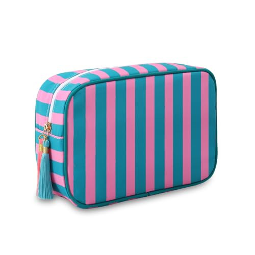 EMBRUNIOICE Stripe Makeup Bag Travel Cosmetic Bag Organizer Tassel Toiletry Bag Large Canvas Zipper Pouch and Accessories Storage Bag for Women (Pink with Green) | Amazon (US)