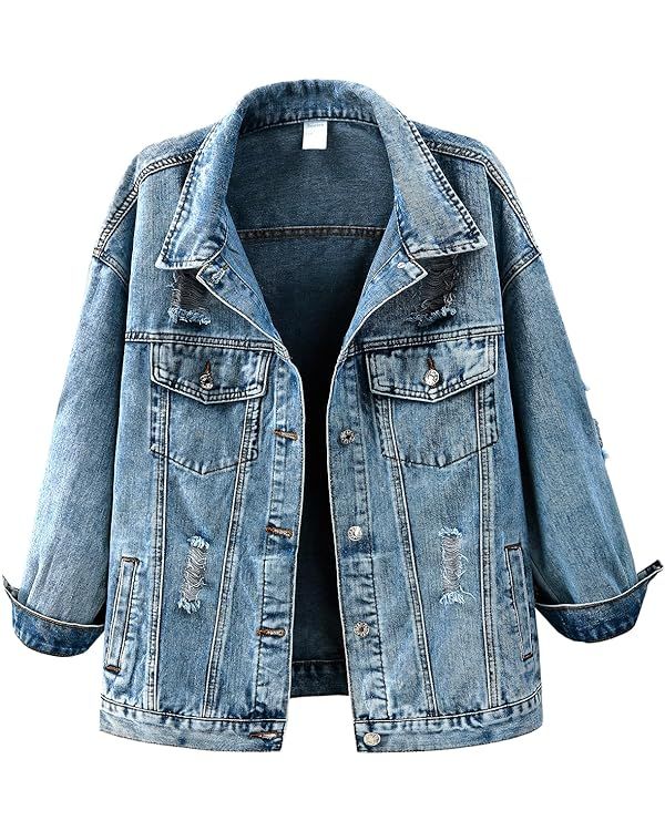 Ladyful Women's Oversized Denim Jacket Drop Shoulder Distressed Boyfriend Baggy Jean Jacket with ... | Amazon (US)