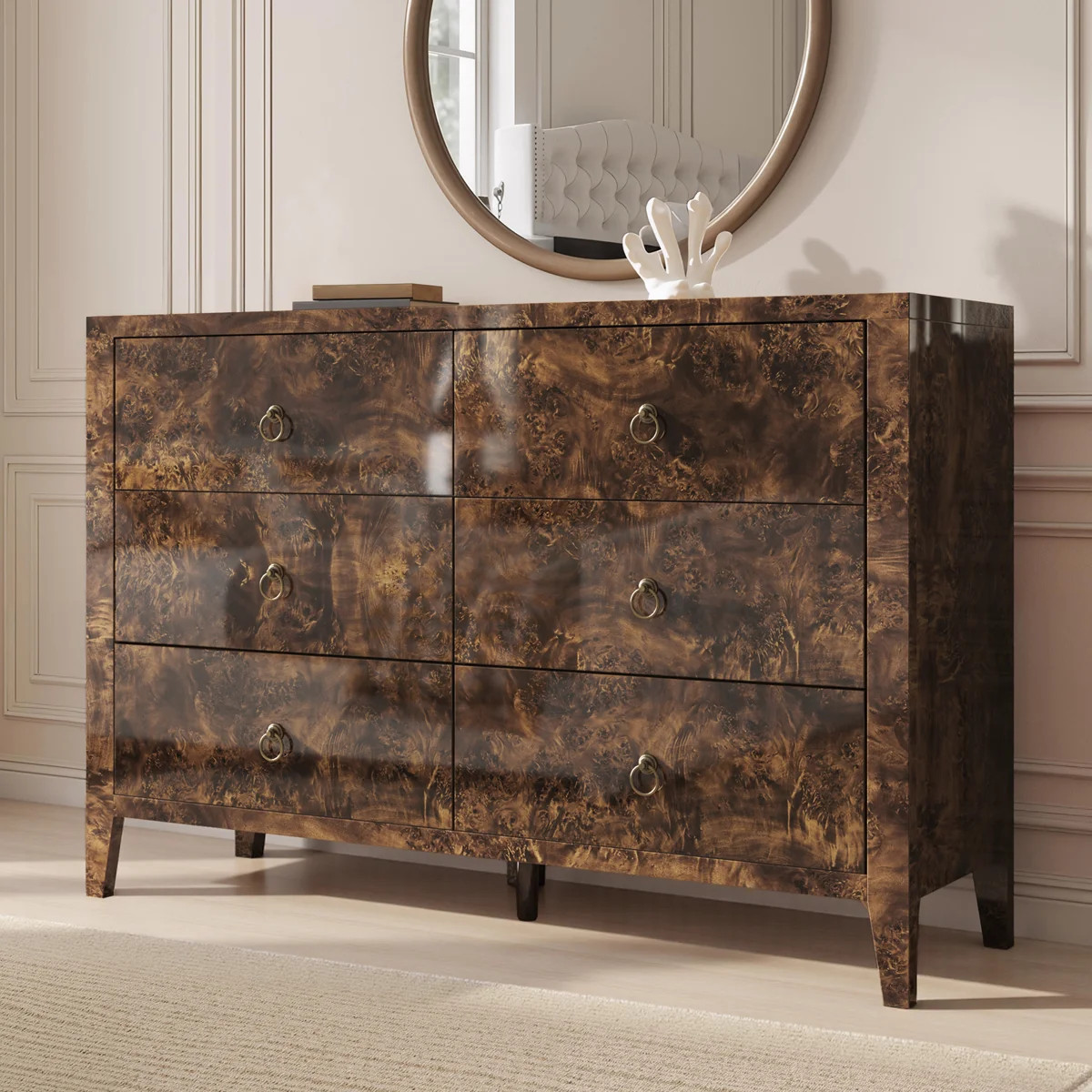 Dorne Modern High Gloss Burl 6-drawer Wide Dresser, Brown | Wayfair North America
