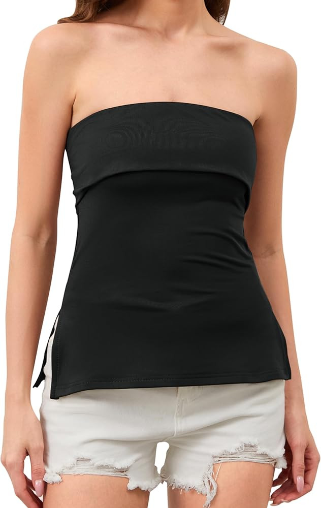 Women's Strapless Tube Top Side Slit Fold Over Slim Fit Casual Off Shoulder Backless Bandeau Tank... | Amazon (US)