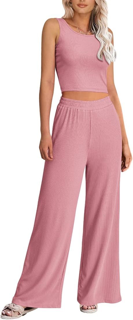 BTFBM Women Summer 2023 Two Piece Casual Outfits Lounge Set Ribbed Knit Bodycon Crop Top Long Pants  | Amazon (US)