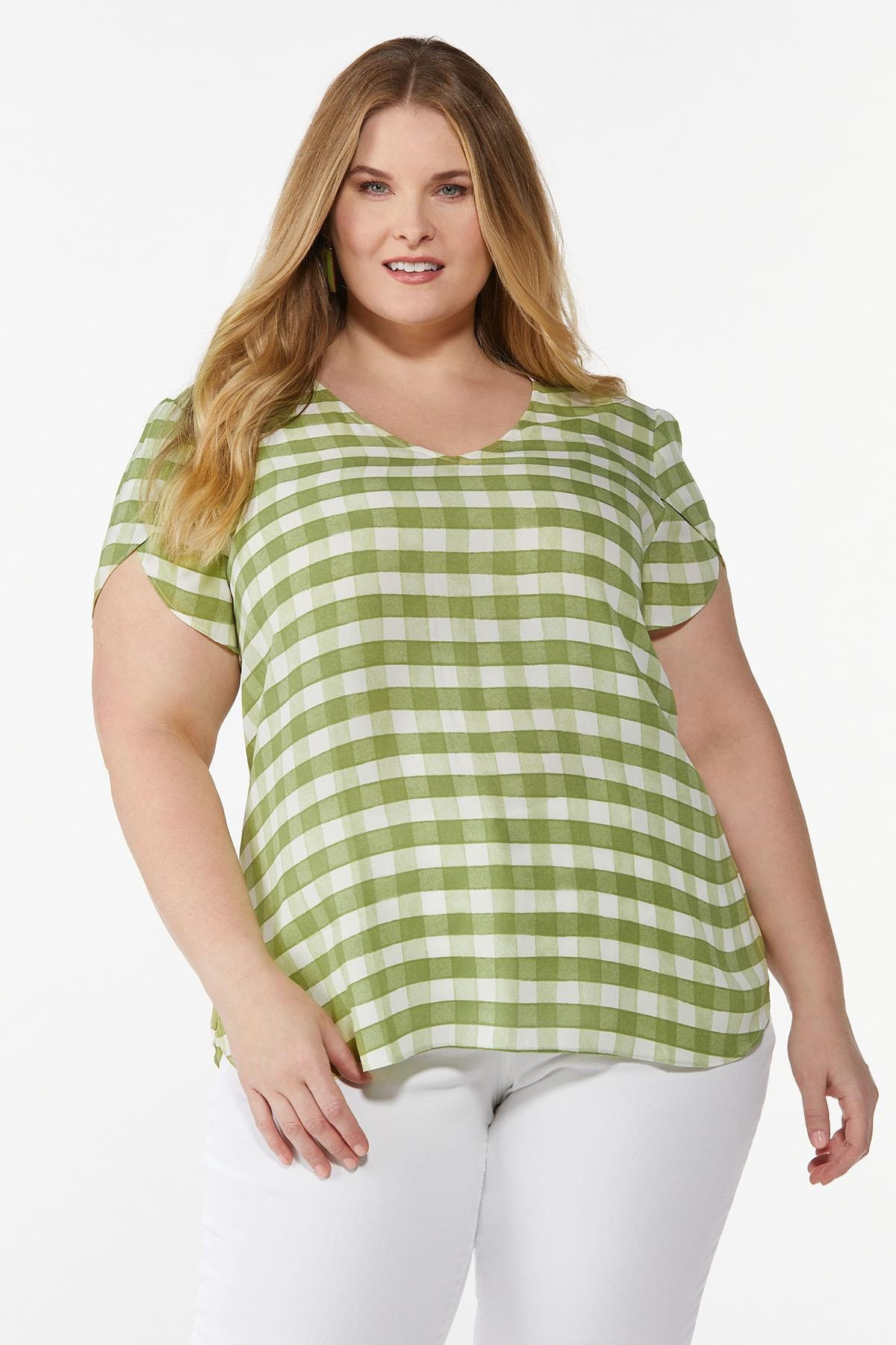 Plus Size Gingham Tulip Sleeve Top | Cato Fashions