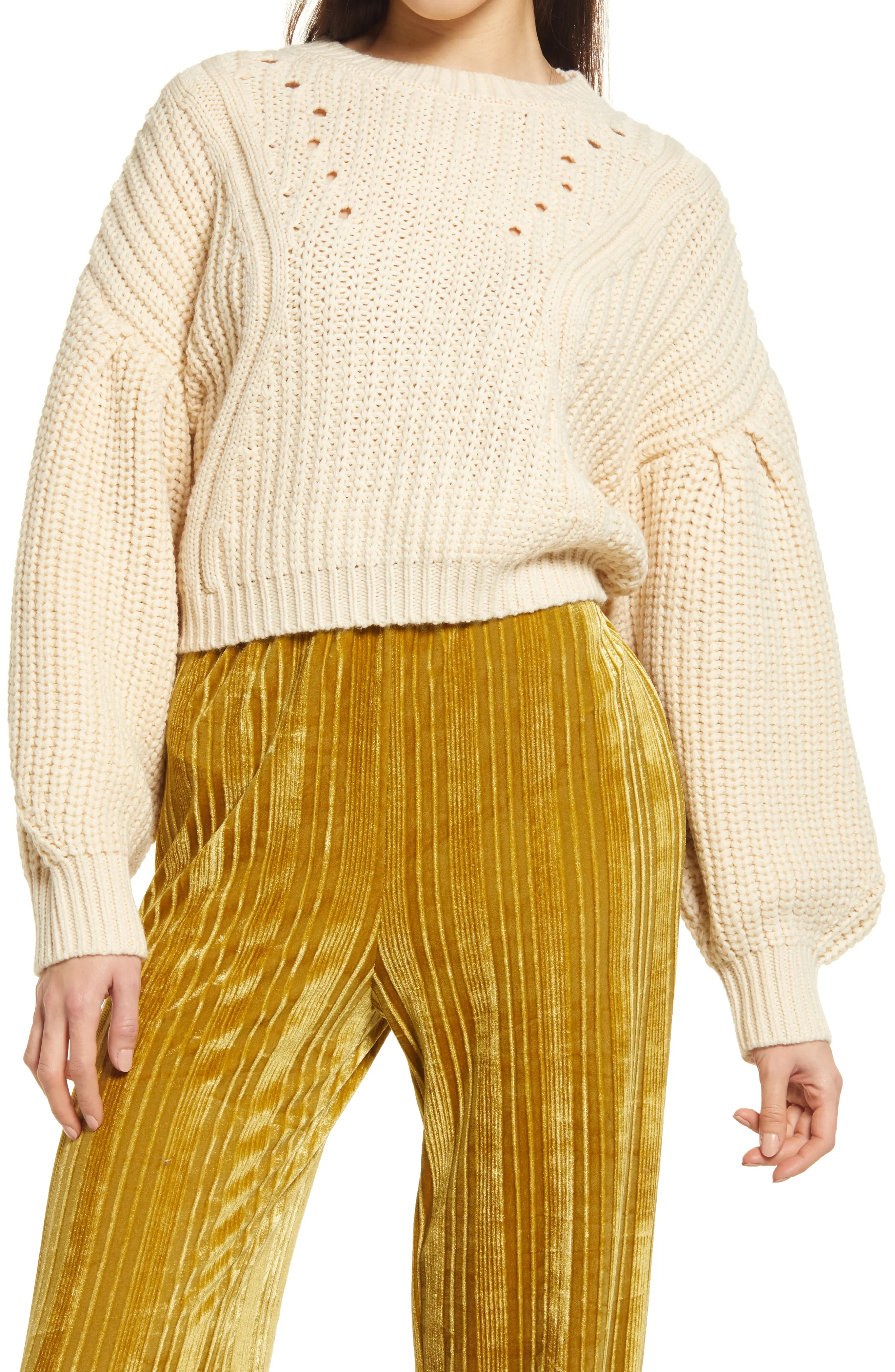Topshop Pointelle Detail Balloon Sleeve Sweater in Yellow at Nordstrom, Size Large | Nordstrom
