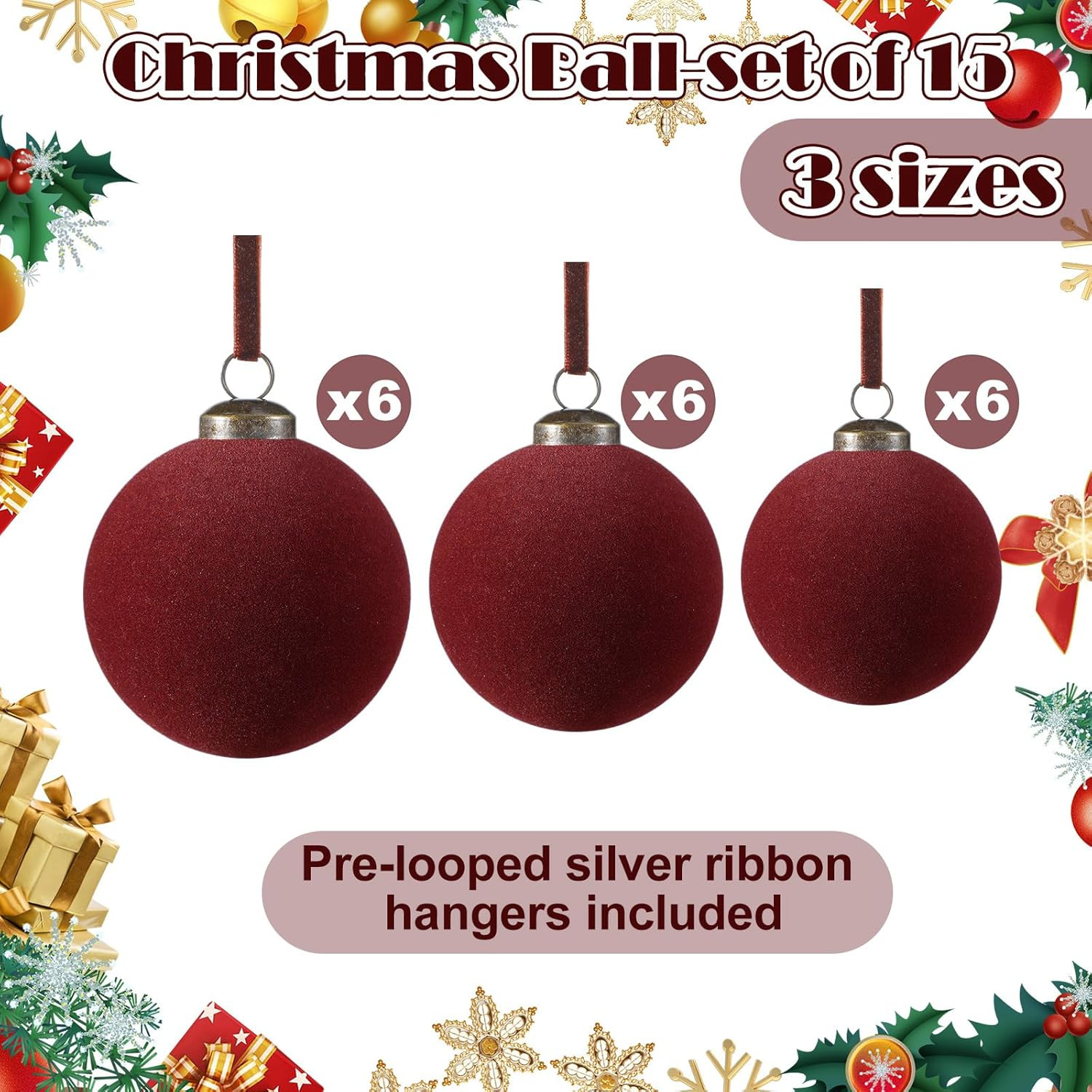 18 Pcs Velvet Christmas Balls Bulk 3.15, 2.76, 2.36 Inch, Flocked Xmas Tree Ball Ornaments Plasti... | Amazon (US)