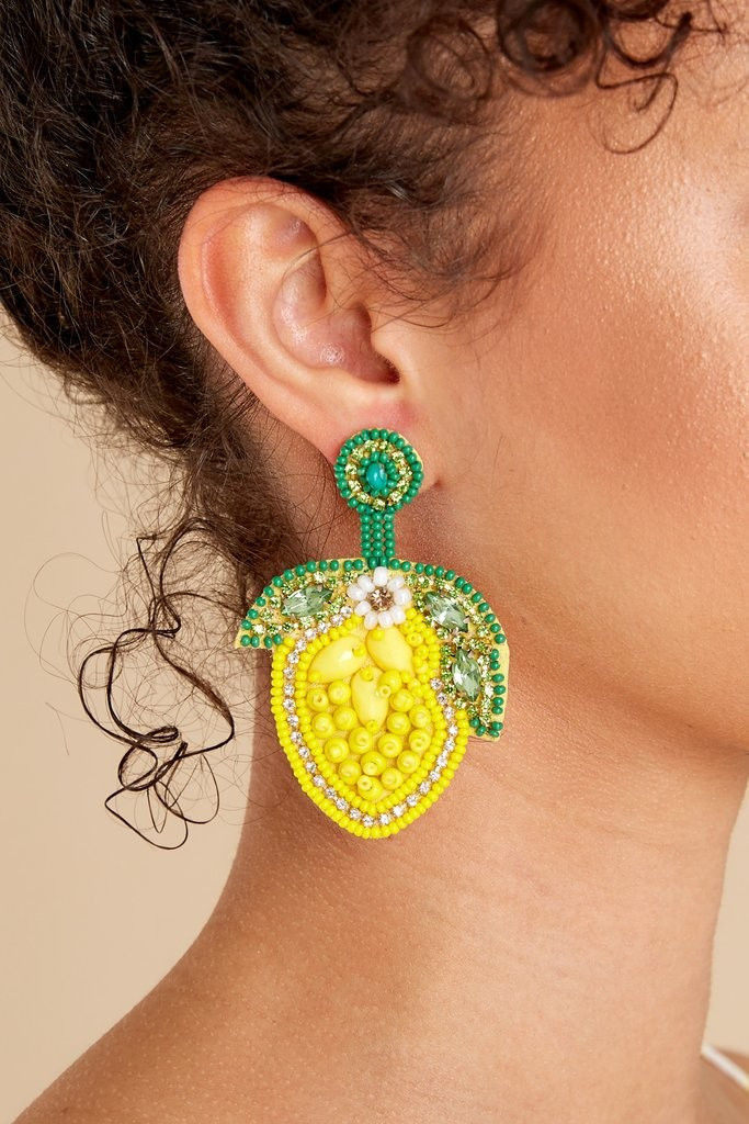 Squeese Lemon Yellow Beaded Statement Earrings | Red Dress 