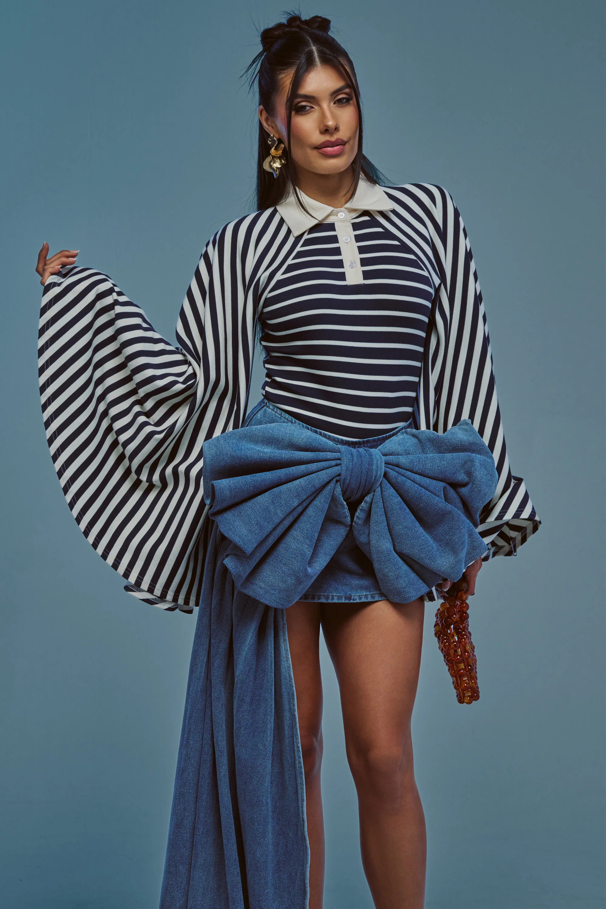 AKIRA Alma Stripe Collared Bodysuit In Navy | Size XL | AKIRA