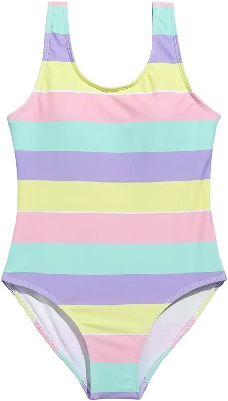 Milumia Girl's One Piece Swimsuit Cute Colorful Striped Scoop Neck Bathing Suit Swimwear | Amazon (US)