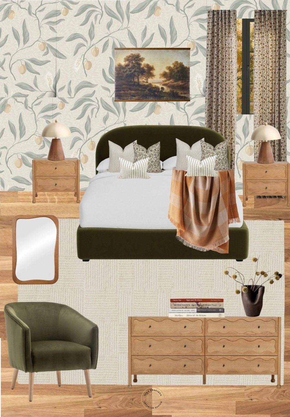 Beautiful bedroom design/mood board. Floral wallpaper from Lulu & Georgia, velvet upholstered bed, gorgeous brown vase, floral curtains, wall art, new dresser and irregular mirror, floral pillows from Etsy. #homedecor #fallfinds

#LTKSeasonal #LTKHome #LTKStyleTip