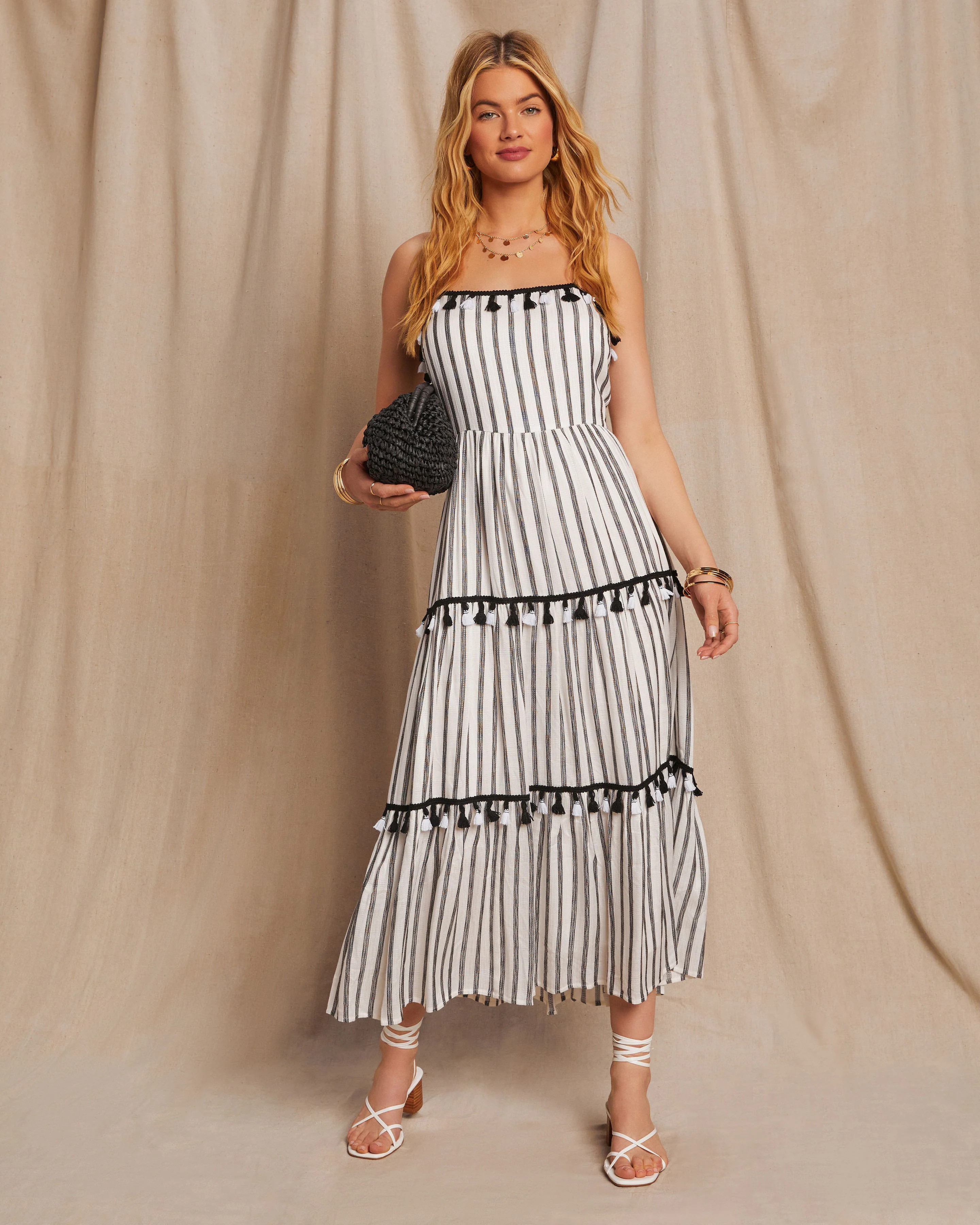 Paislee Tassel Striped Tiered Midi Dress | VICI