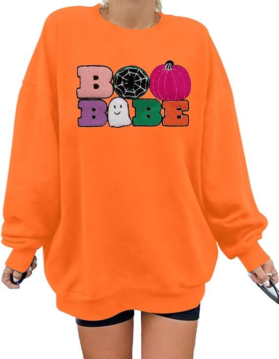 LOTUCY Boo Babe Halloween Sweatshirts Women Cute Ghost Spooky Sweatshirt Chenille Embroidered Pat... | Amazon (US)