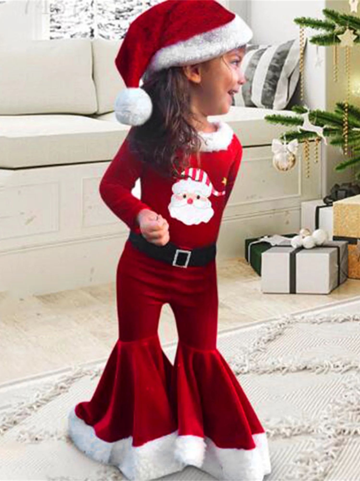 Christmas Kids Girls Clothes 3pcs Outfits Santa Print Long Sleeve Velvet Tops and Pants Hat Set | Walmart (US)