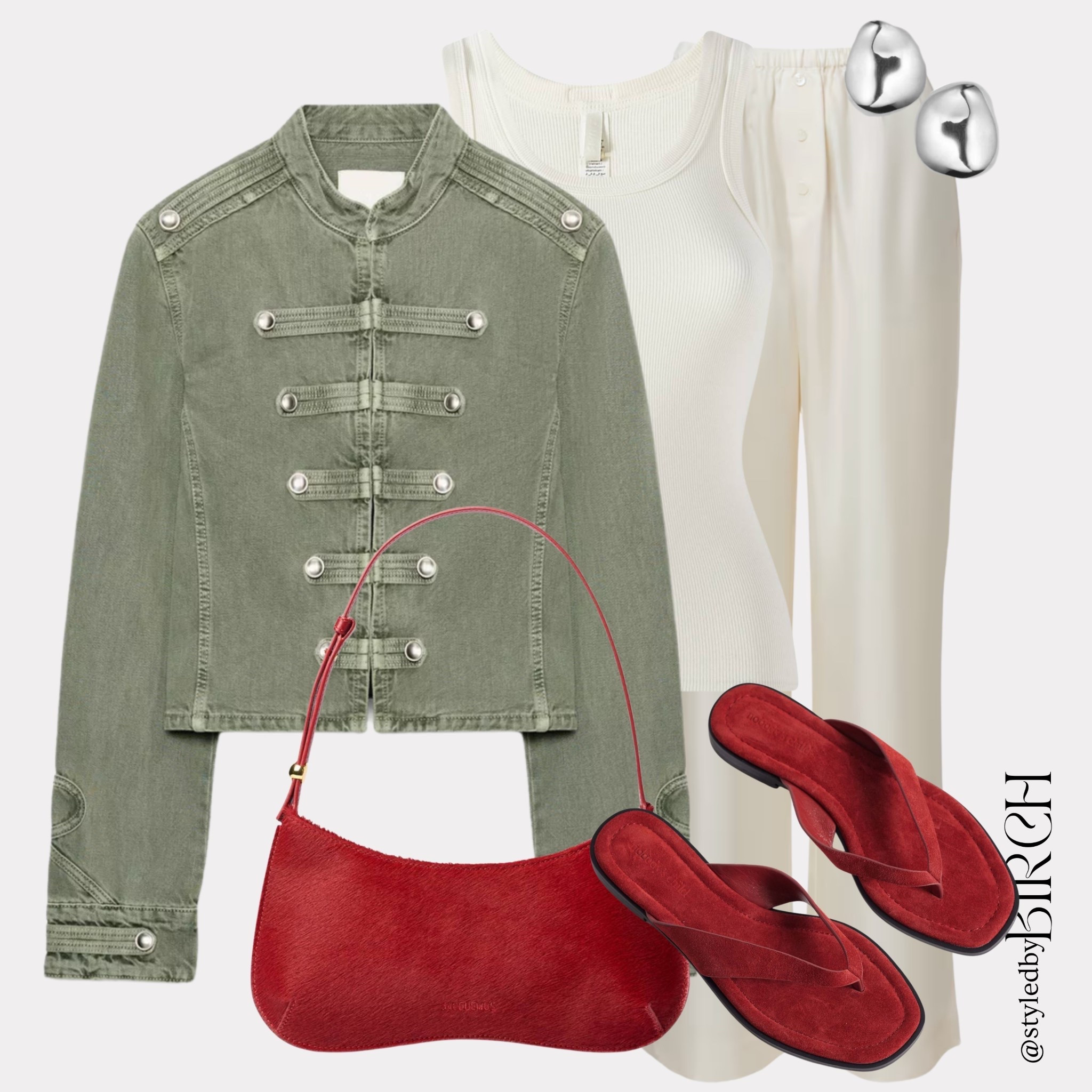 Taking a little break from wedding guest content because this weekend look was too good not to share 😌 The red bag and sandals are doing everything here. Obsessed.

#ootd #weekendoutfit #casualchic #outfitinspo #chicstyle

Tags 🏷️
Khaki military style cropped jacket, cream ribbed vest top, cream wide leg trousers, red calf hair shoulder bag, red suede flip flop sandals, silver sculptural earrings

#LTKsummer #LTKfestival #LTKeurope