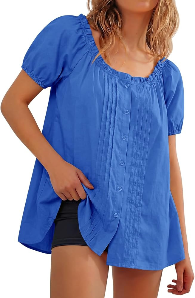 Tankaneo Womens Scoop Neck Babydoll Tops Summer Dressy Short Puff Sleeve Button Down Shirts Overs... | Amazon (US)