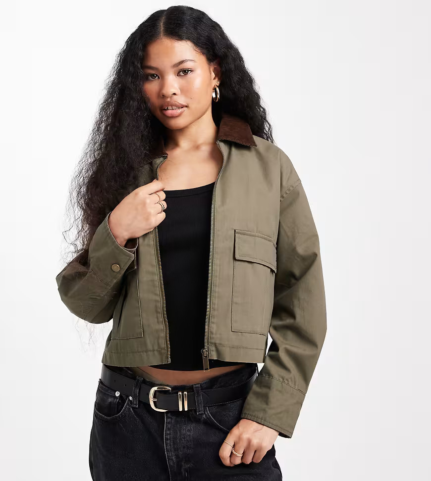 New Look Petite cropped barn jacket in khaki-Green | ASOS (Global)