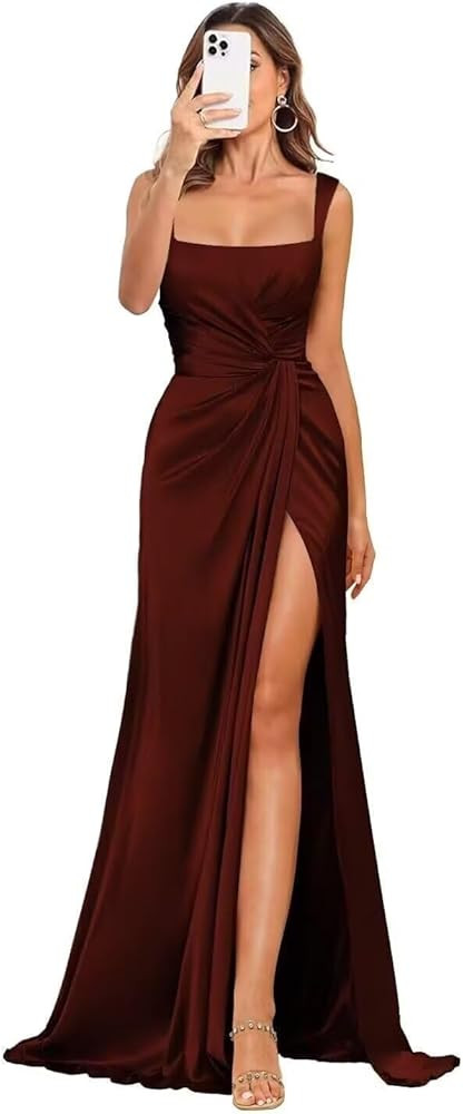 Women‘s Bridesmaid Dress Satin Formal Gown Square Neck Mermaid Long Evening Dress with Slit MT0... | Amazon (US)