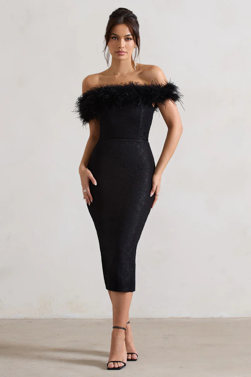 Maiden | Black Lace Bardot Midi Dress With Feather Trim | Club L London