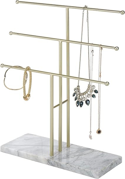 MyGift 3-Tier Brass-Tone Metal T-Bar Necklace Display Stand with Marble Base | Amazon (US)
