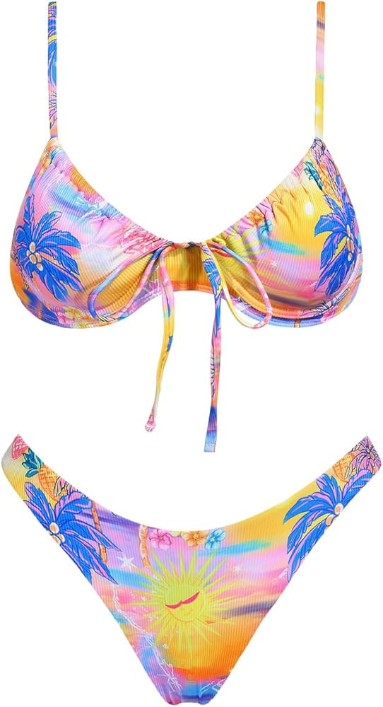 Women's Triangle Bikini Set Swimsuit Print Push Up Elastic Tie String Top Ribbed Two Piece Bathin... | Amazon (US)