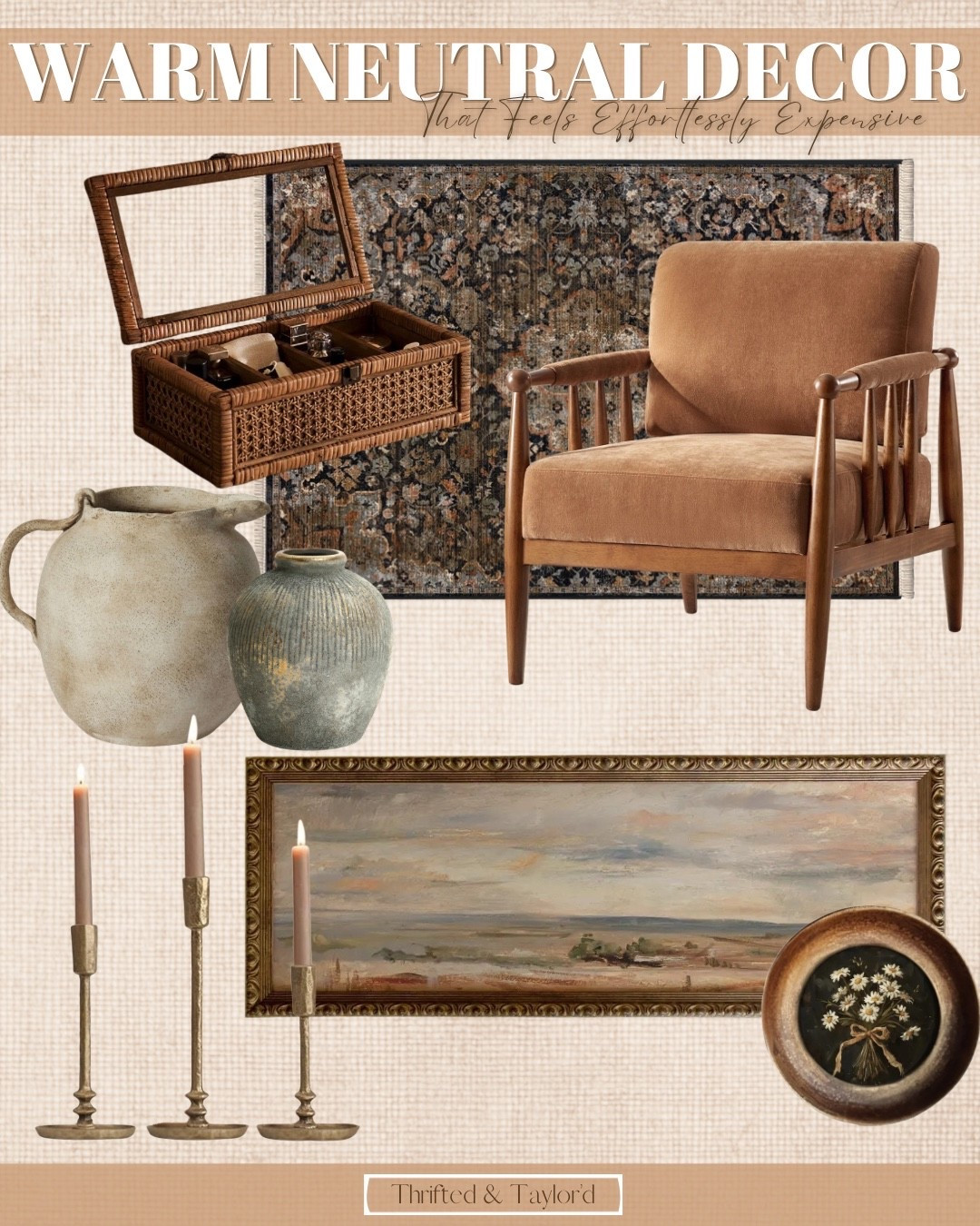 There’s something about warm neutrals layered with depth that instantly makes a home feel elevated. When you mix rich wood tones, vintage-inspired rugs, aged brass candlesticks, textured ceramics, and classic artwork, the space starts to feel collected rather than decorated.
The key is contrast within the neutral palette — camel against cream, matte pottery against woven texture, soft landscape art against darker wood. It’s subtle, but it adds that quiet richness that makes a room feel intentional and expensive without trying too hard.
Everything in this guide is linked so you can recreate the full look or mix and match pieces to bring that effortlessly elevated warmth into your own space.

#LTKHome