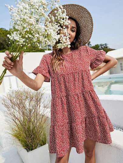 Ditsy Floral Flounce Cuff Ruffle Hem Smock Dress
   SKU: sw2203215697097917      
          (394 ... | SHEIN