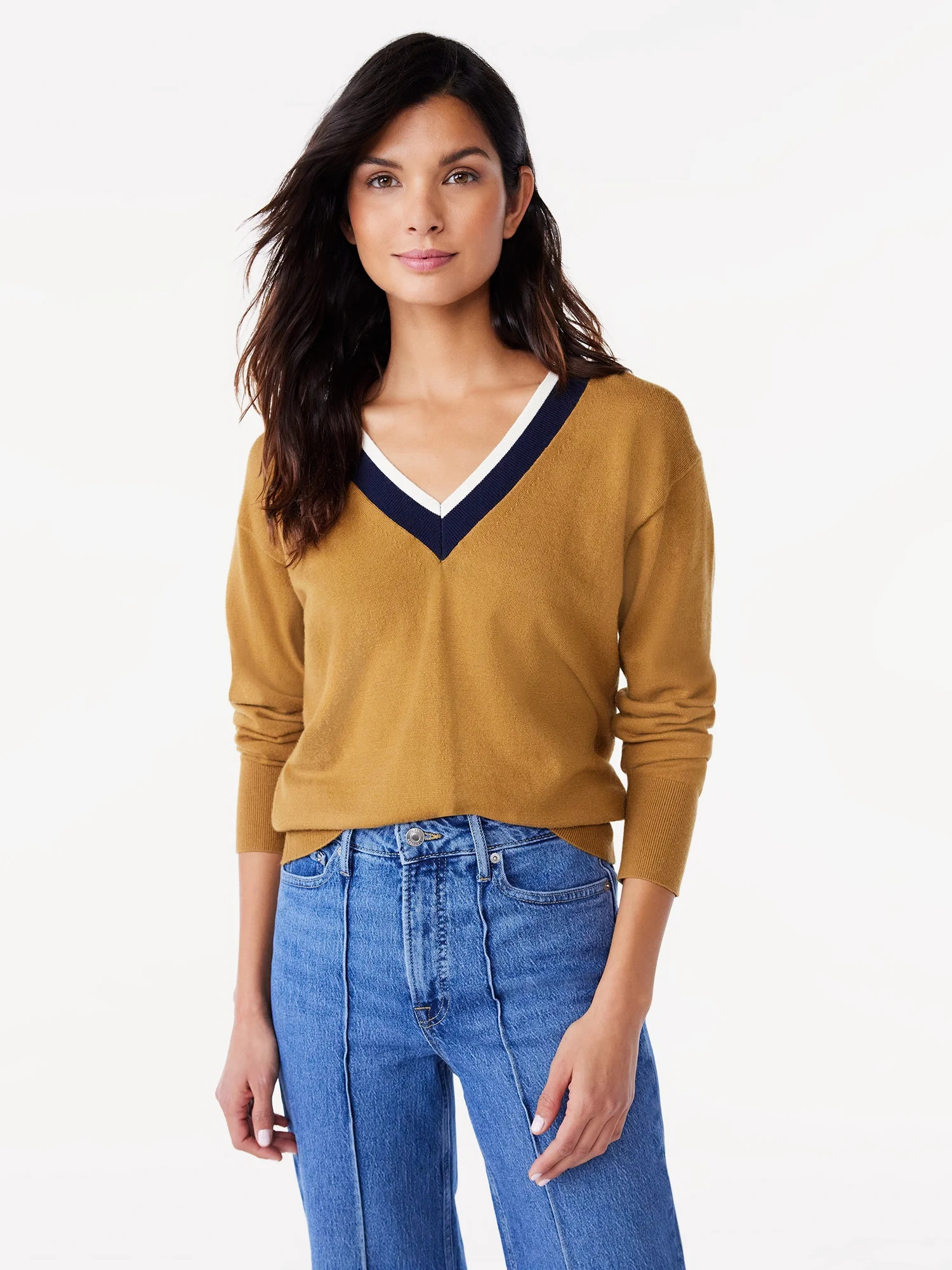 Free Assembly Women’s Contrast V-Neck Sweater with Long Sleeves, Midweight, Sizes XS-XXL | Walmart (US)