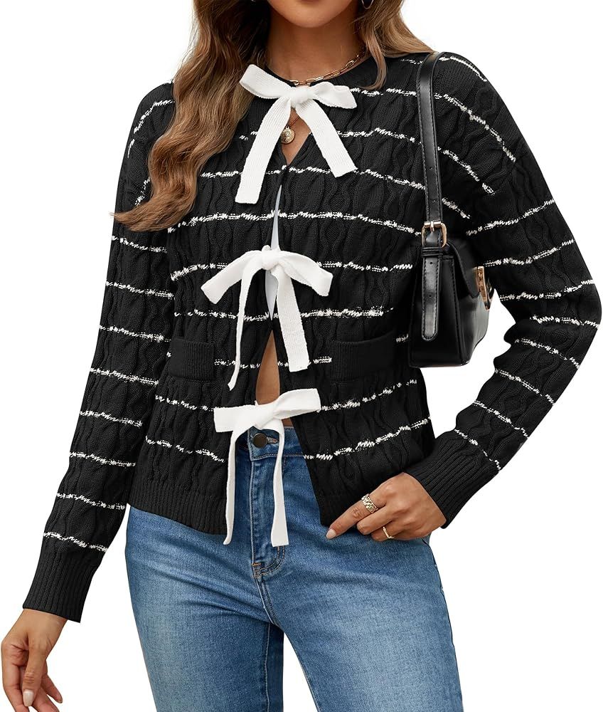 ZESICA Women's Long Sleeve Open Front Cardigan Sweater 2024 Fall Winter Striped Tie Front Loose C... | Amazon (US)