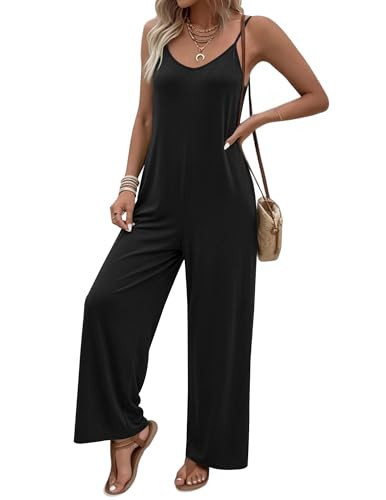 Ekouaer Women Jumpsuits Casual Sleeveless Spaghetti Strap Long Pants Romper Summer Outfits with Pockets Black S | Amazon (US)