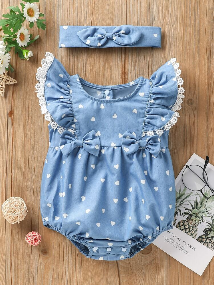Baby Heart Print Ruffle Trim Bow Front Bodysuit With Headband | SHEIN