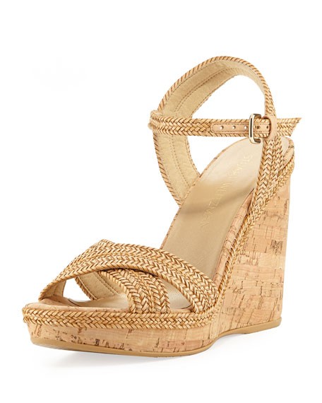 Stuart Weitzman Pixie Woven Cork Wedge Sandal, Camel | Lastcall