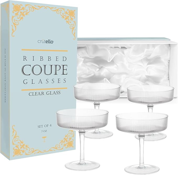 Crutello Champagne Coupe Glasses Set of 4, Classic 7oz Vintage Cocktail Glass, Ribbed Fluted Glas... | Amazon (US)